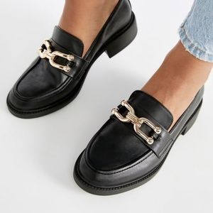 JustFab Black Loafers with Gold Chain Accent